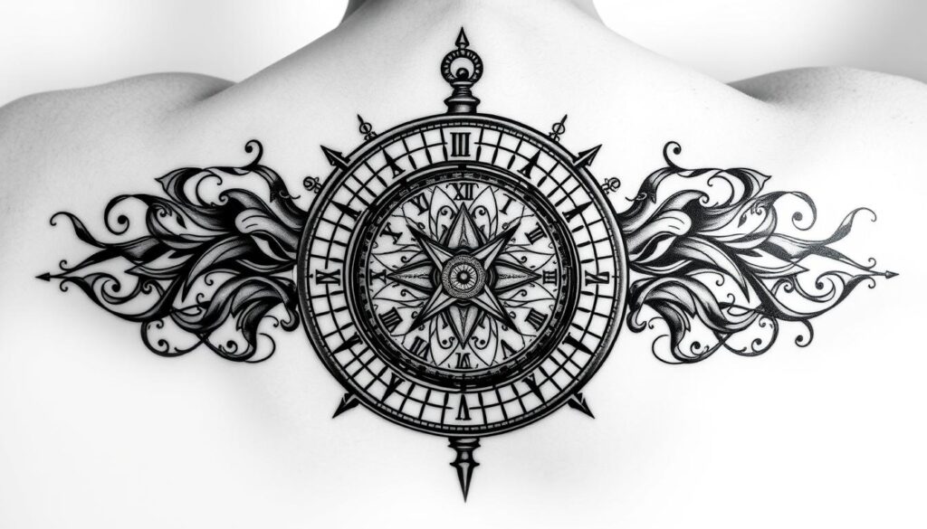 monochrome compass and clock tattoos