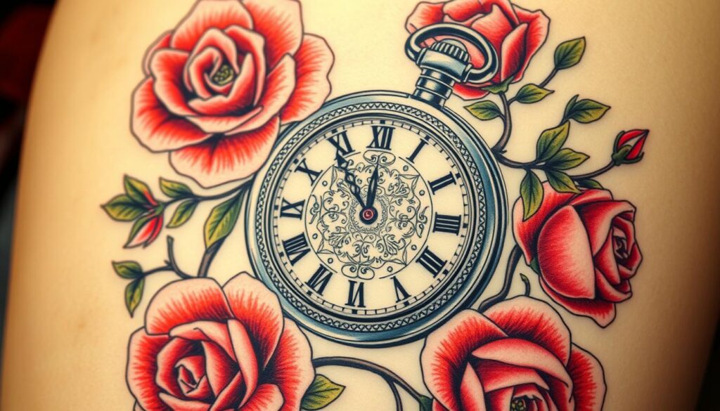 pocket watch and rose tattoos