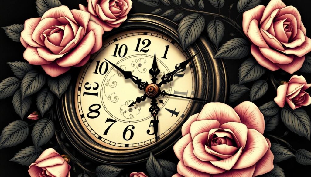 vintage clock and rose tattoos